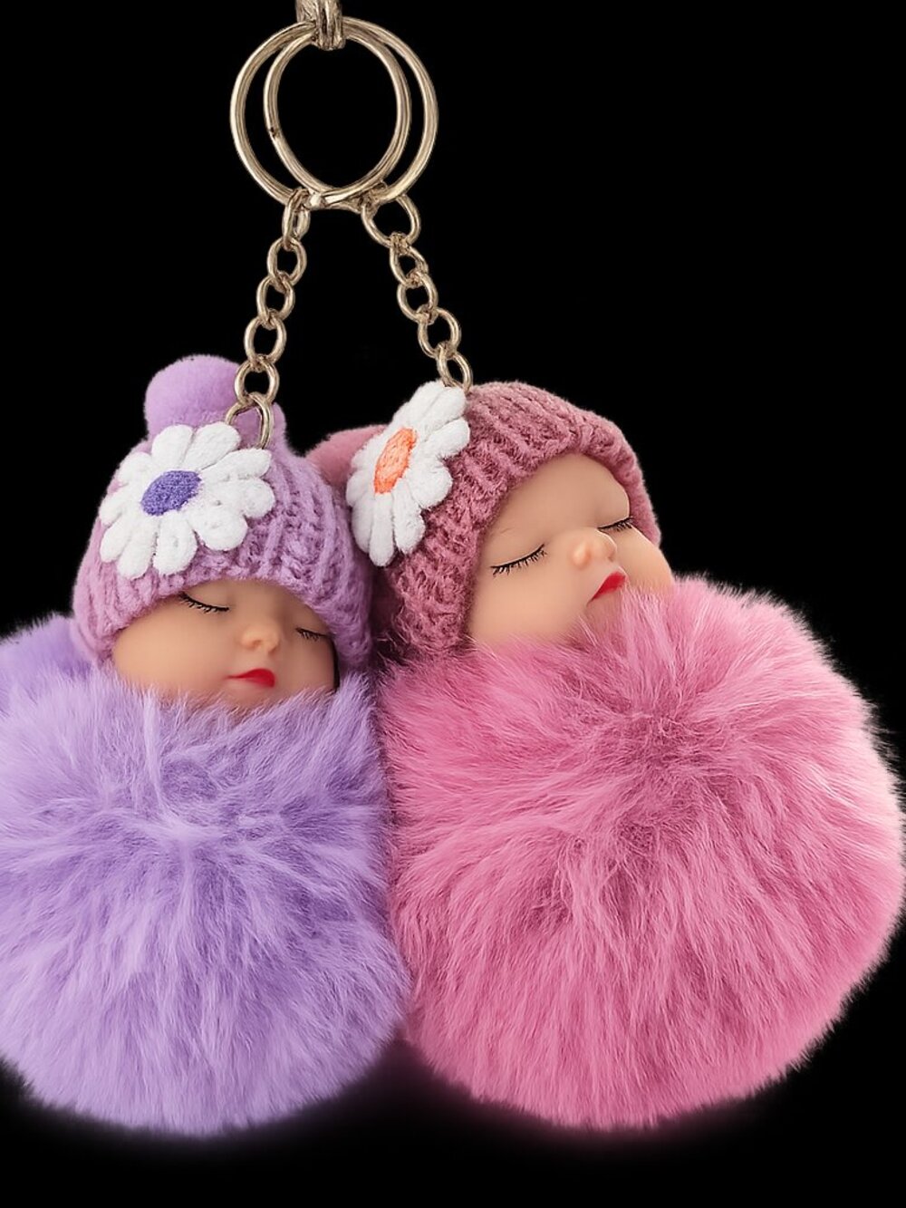Set of 6 Sleeping Baby Pom Pom Keychain Daisy Hat Doll Purse Charms New - Picture 3 of 3